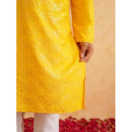 Sojanya (Since 1958 Men's Cotton Foil Gold Printed Mustard Kurta With Churidaar Pyjama