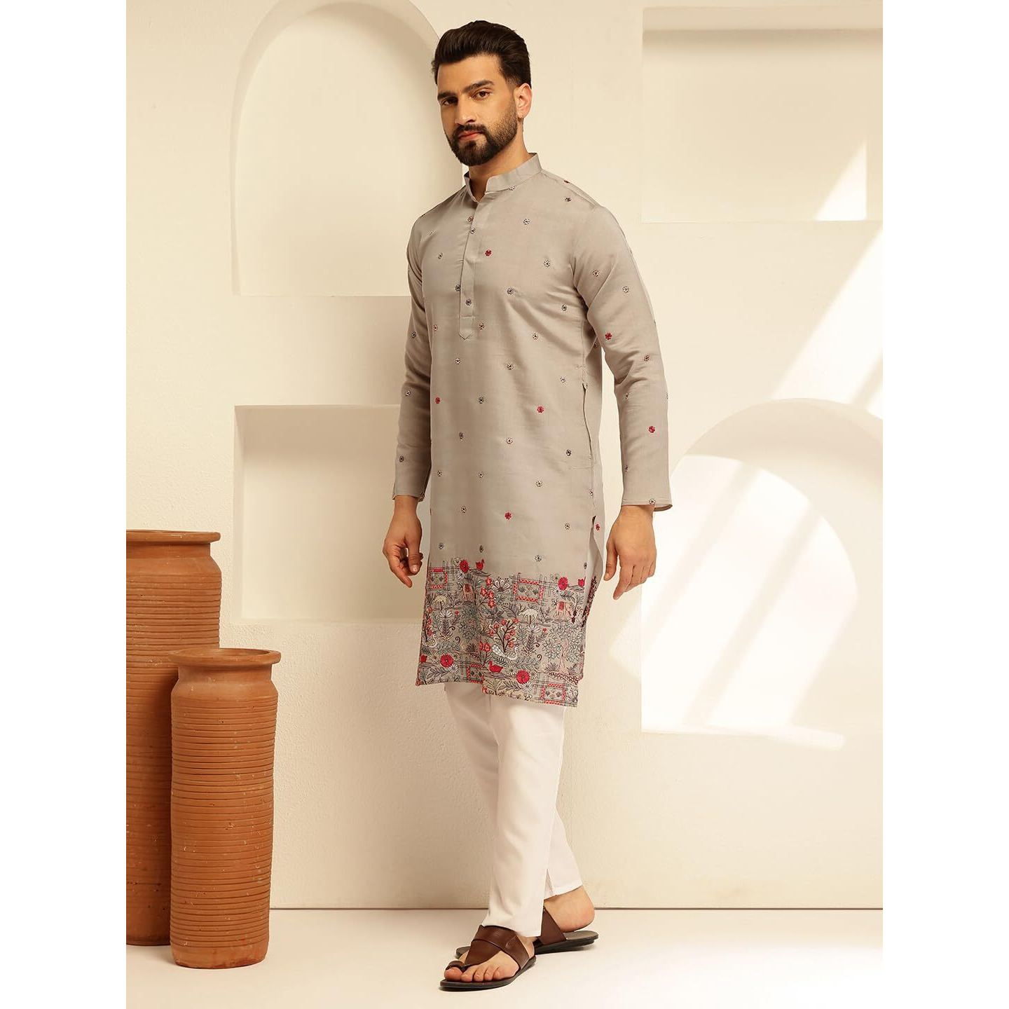 Sojanya (Since 1958 Men's Cotton Silk Daman Embroidered Grey Long Kurta