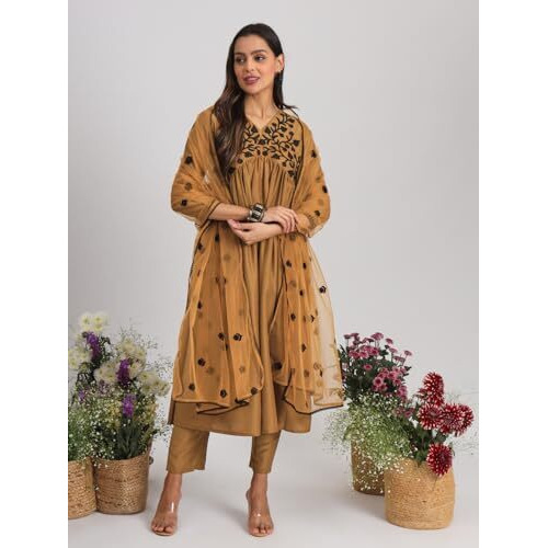 Womanista Women's Poly Silk Kurta Set (Kurtaset_1276_Mustard_40)