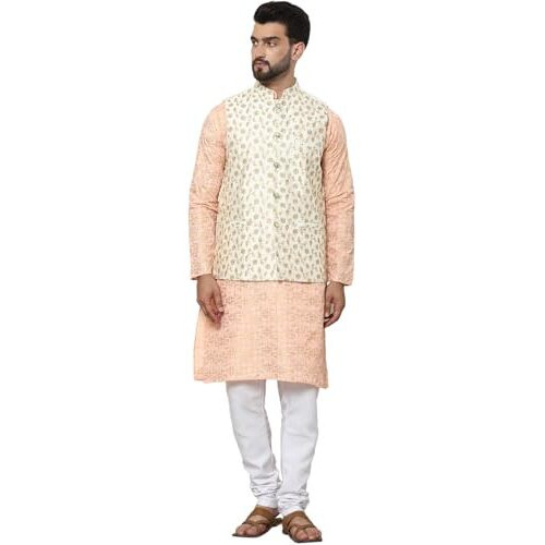 Sojanya (Since 1958 Men's Cotton Foil Printed Peach Kurta And White Pyjama With Embroidered Cream Nehru Jacket