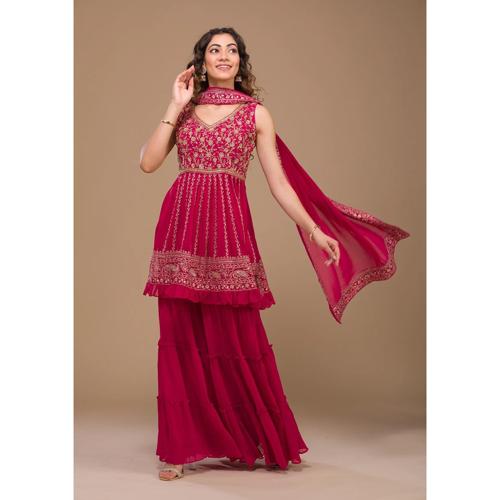Xomantic Fashion Womens Purple Designer Zariwork Georgette Readymade Sharara Suit (X-Small, Pink)