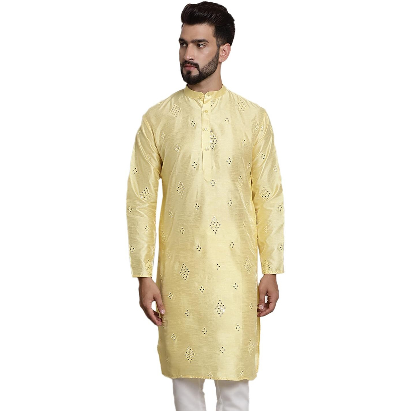 Sojanya (Since 1958 Men's Silk Blend Mirror Work Lemon Yellow Only Long Kurta