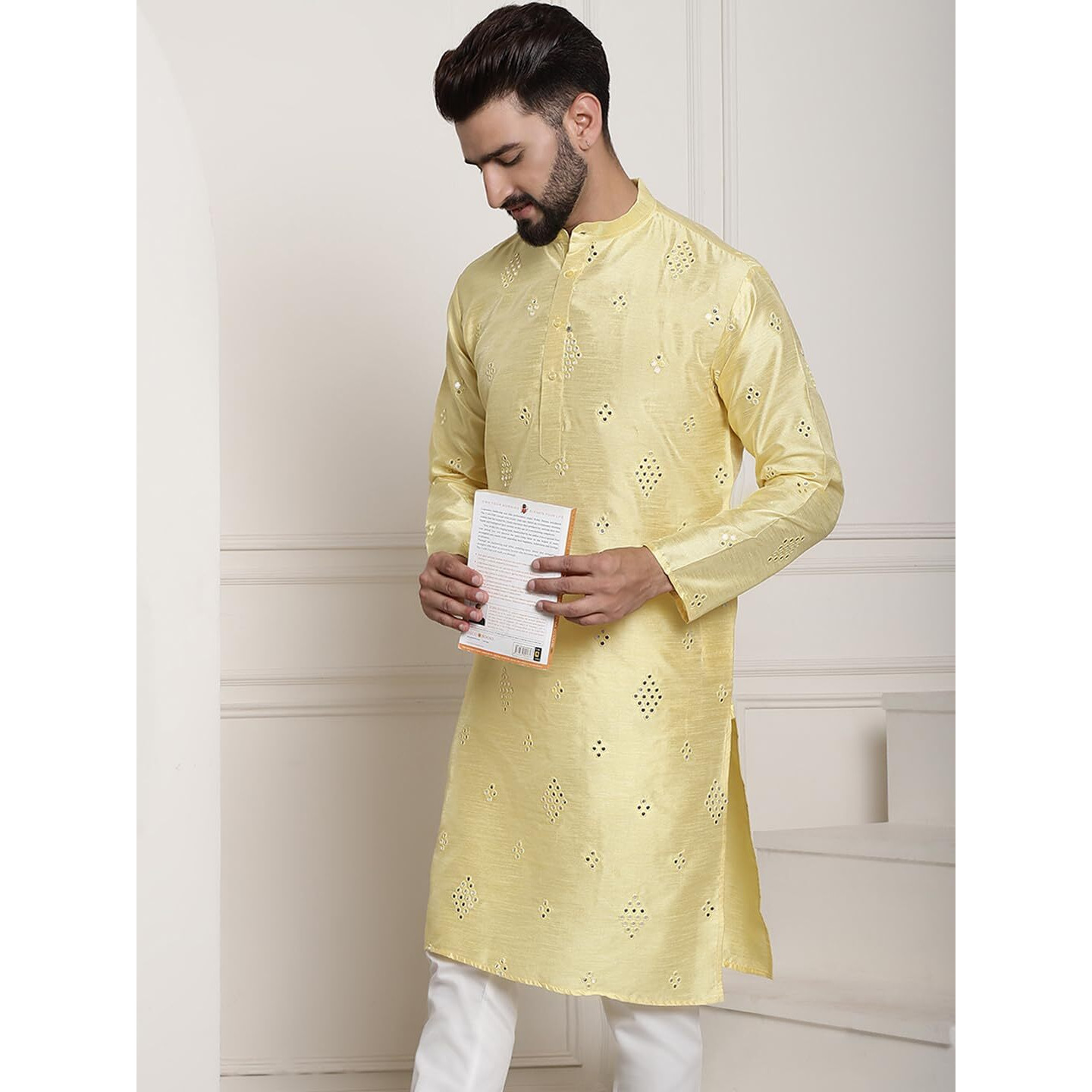 Sojanya (Since 1958 Men's Silk Blend Mirror Work Lemon Yellow Only Long Kurta