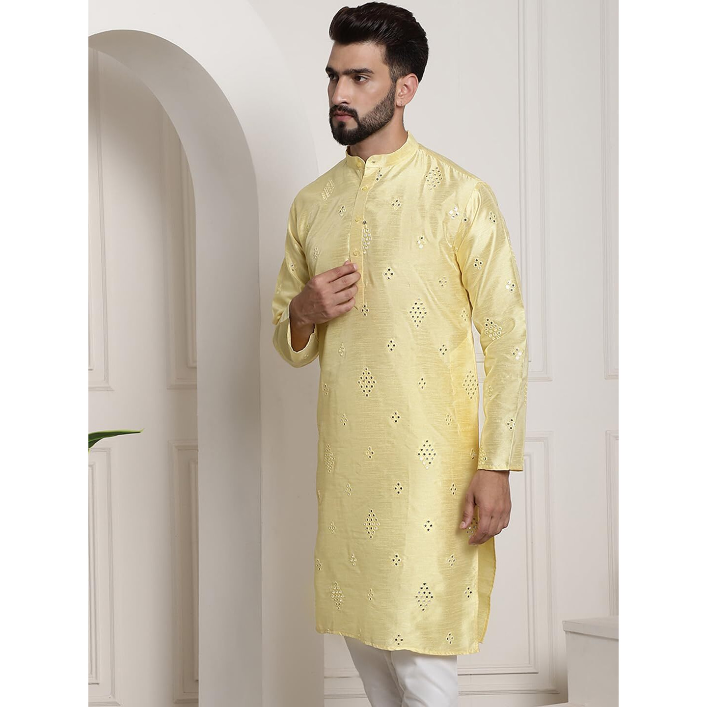 Sojanya (Since 1958 Men's Silk Blend Mirror Work Lemon Yellow Only Long Kurta