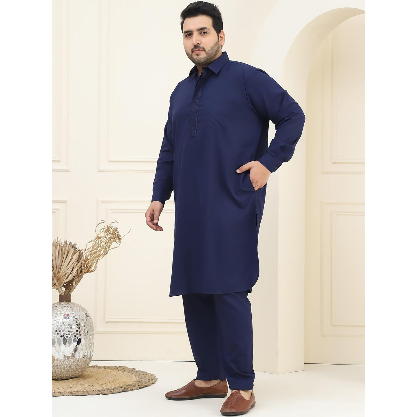 Sojanya Plus (Since 1958), Men's Cotton Navy Blue Pathani Kurta Salwar Set