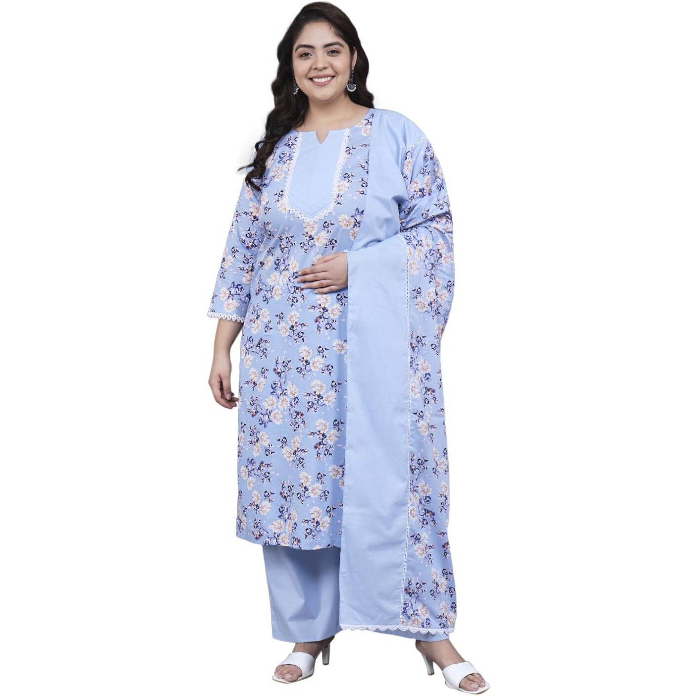 Tissu Women's Plus Size Floral Printed Pure Cotton Kurta Palazzo With Dupatta (T_674_Blue_3Xl)