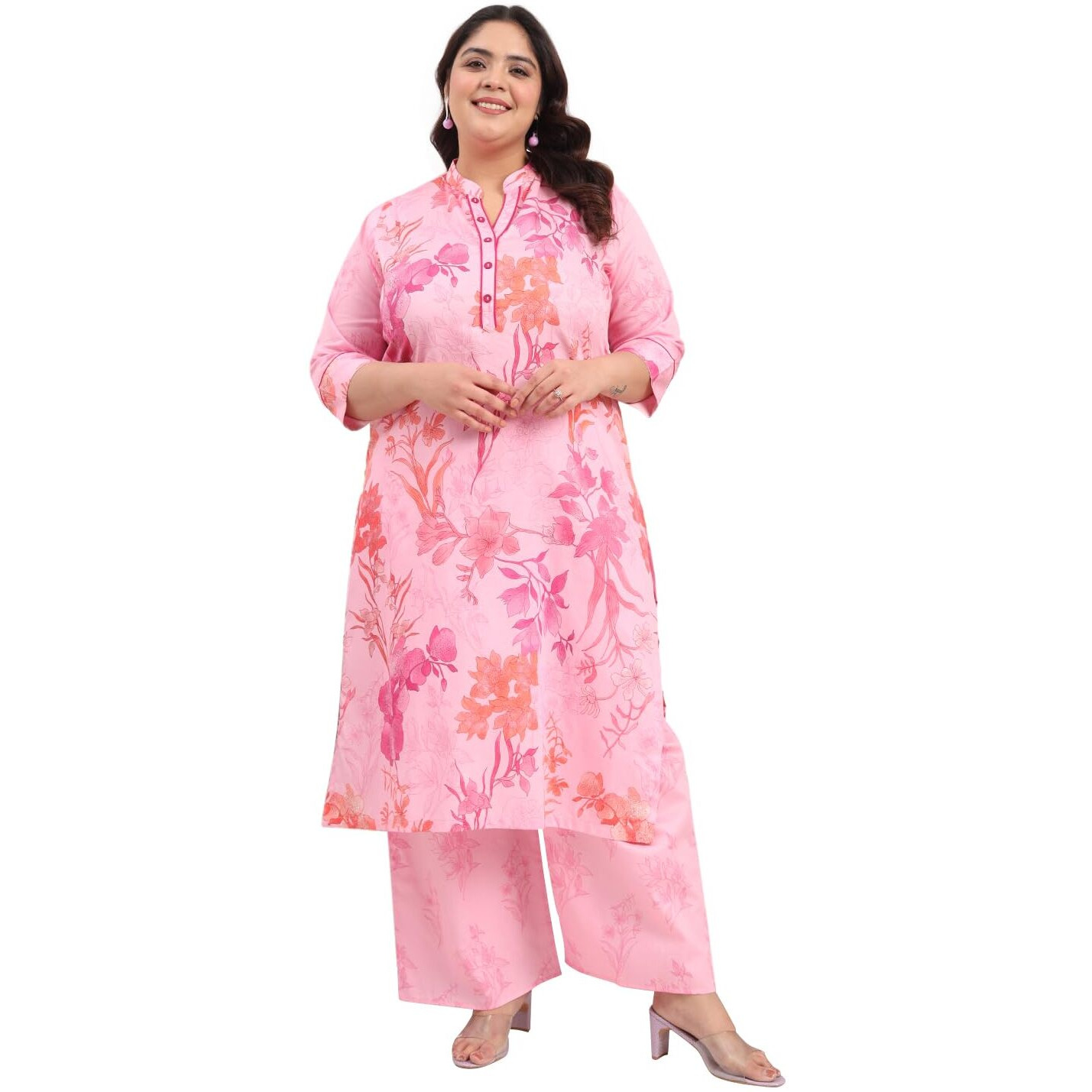 Tissu Women's Plus Size Cotton Satin Pink Floral Printed Kurta With Palazzo (735_Pink_4Xl)
