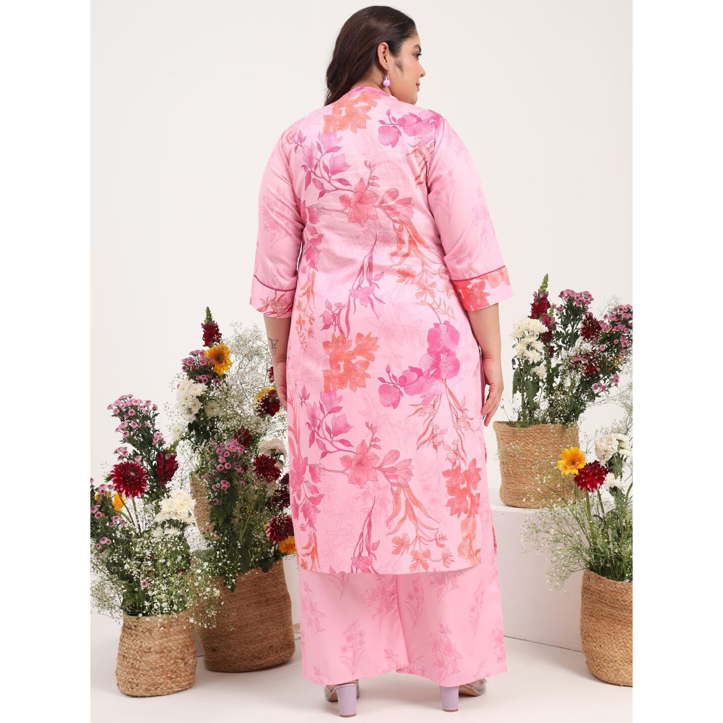 Tissu Women's Plus Size Cotton Satin Pink Floral Printed Kurta With Palazzo (735_Pink_4Xl)
