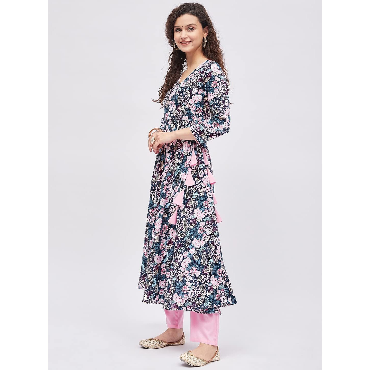Tissu Women's Rayon Multicolored Floral Printed Angrakha Kurta 2212_Multi_M