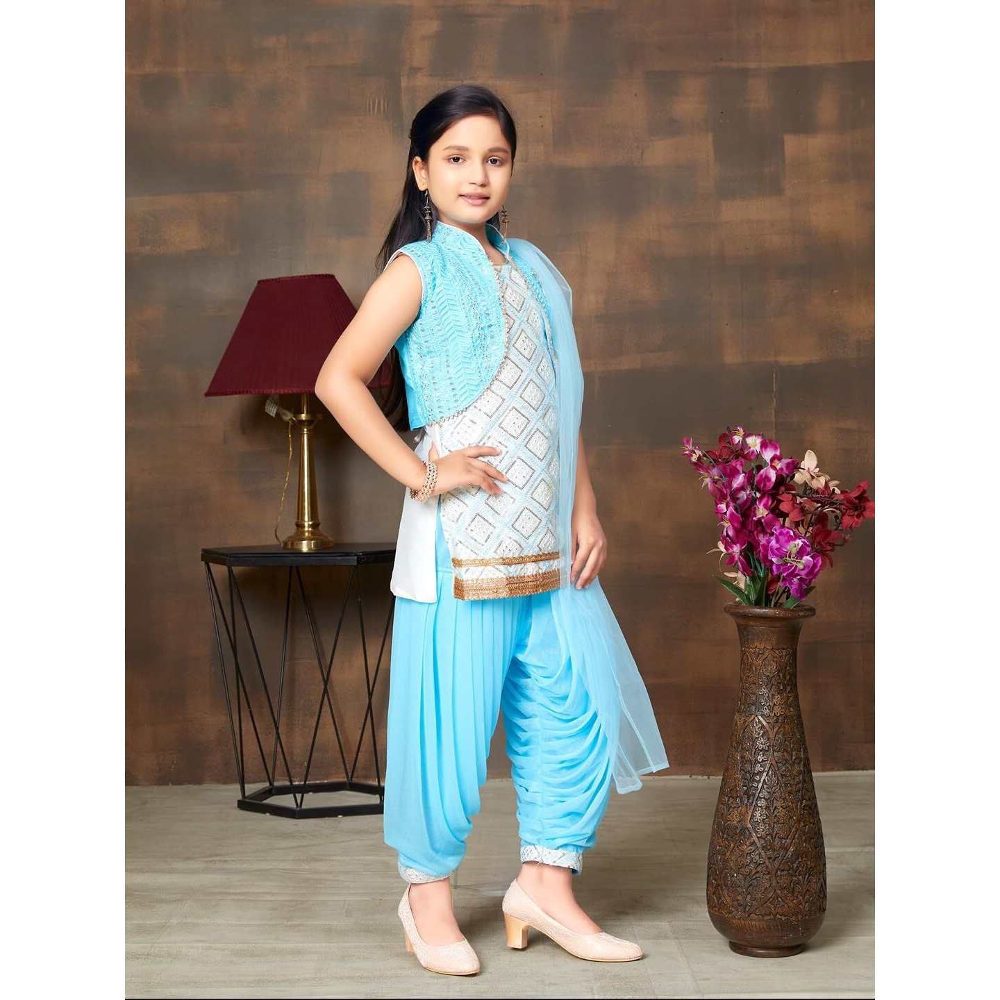Aarika Girls Ethnic Wear Sky Blue Colour Sequin Embroidery Lace Work Silk Kurti Patiala With Jacket (4-10 Years)