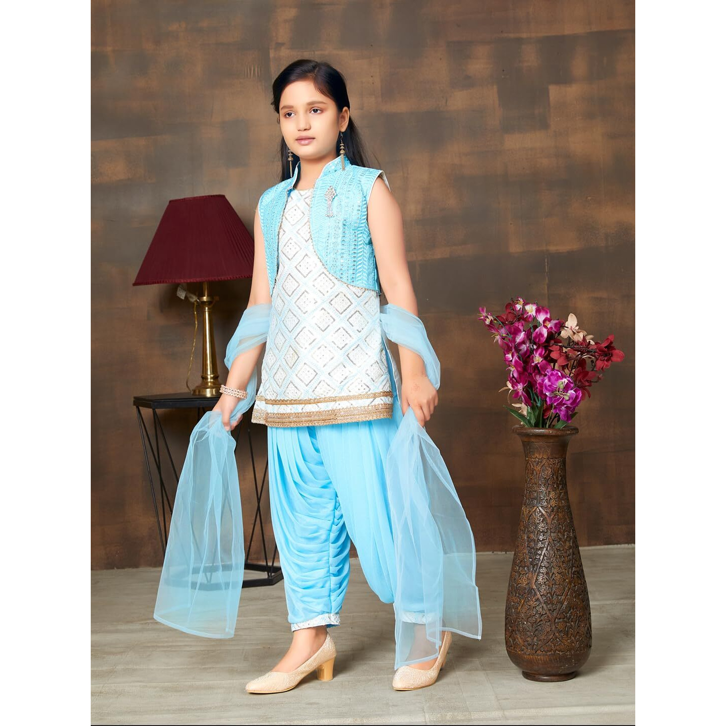 Aarika Girls Ethnic Wear Sky Blue Colour Sequin Embroidery Lace Work Silk Kurti Patiala With Jacket (4-10 Years)