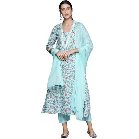 Varanga Women Blue Floral Printed A-Line Kurta With Three Quarter Sleeves Paired With Printed Bottom And Solid Chiffon Dupatta