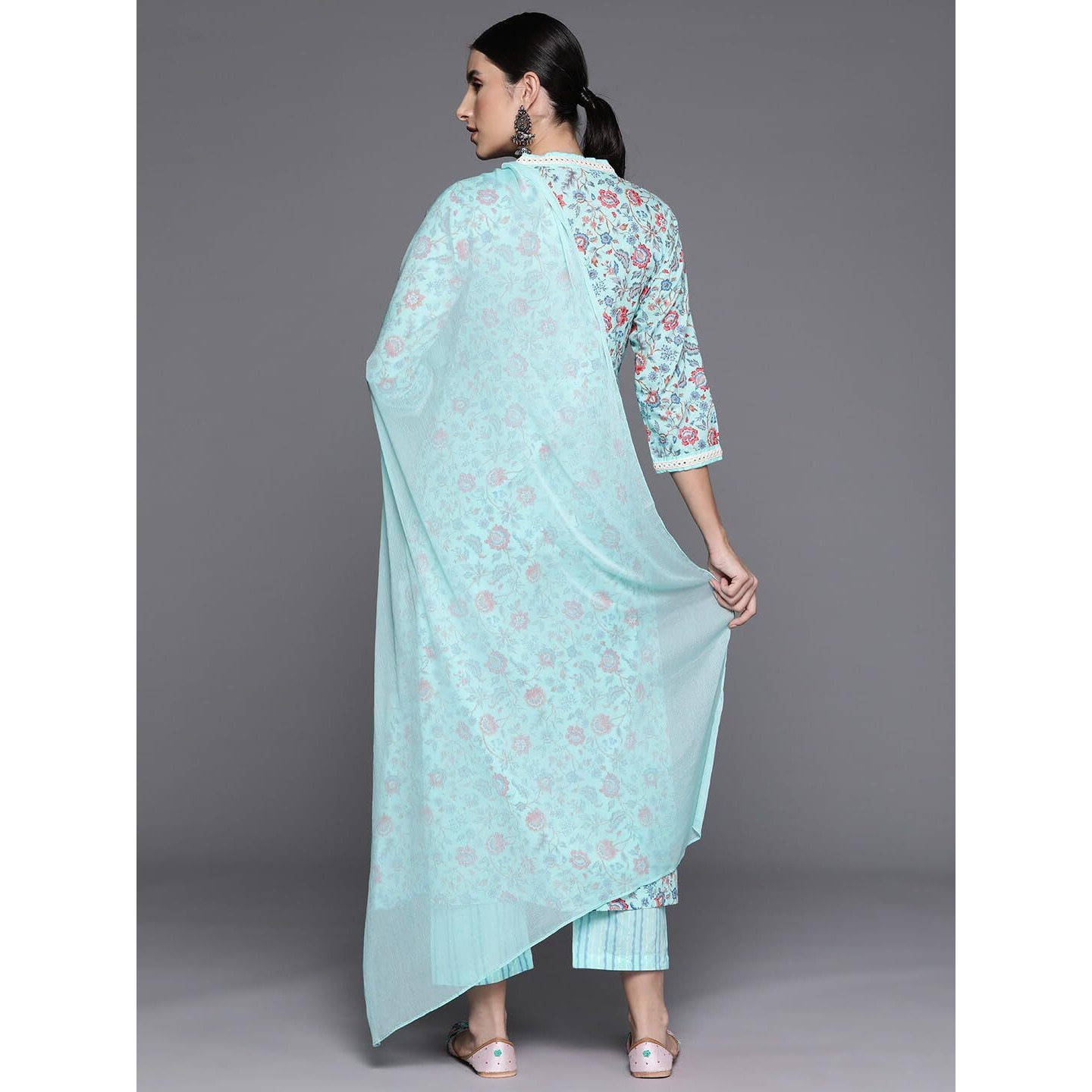 Varanga Women Blue Floral Printed A-Line Kurta With Three Quarter Sleeves Paired With Printed Bottom And Solid Chiffon Dupatta
