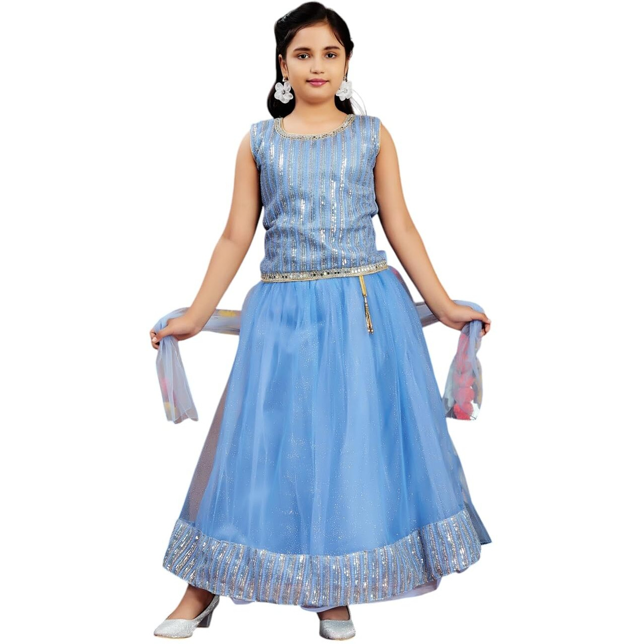 Aarika Girls Ethnic Wear Blue Colour Sequin Embroidery Net Lehenga Choli Set (10-15 Years)