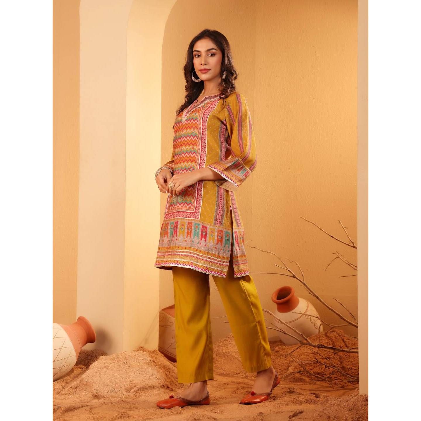 Varanga Women Mustard Ethnic Printed Straight Kurta With Trousers  Cotton Set For Casual Outings, Stylish Design For All Occasions (Double Extra Large)