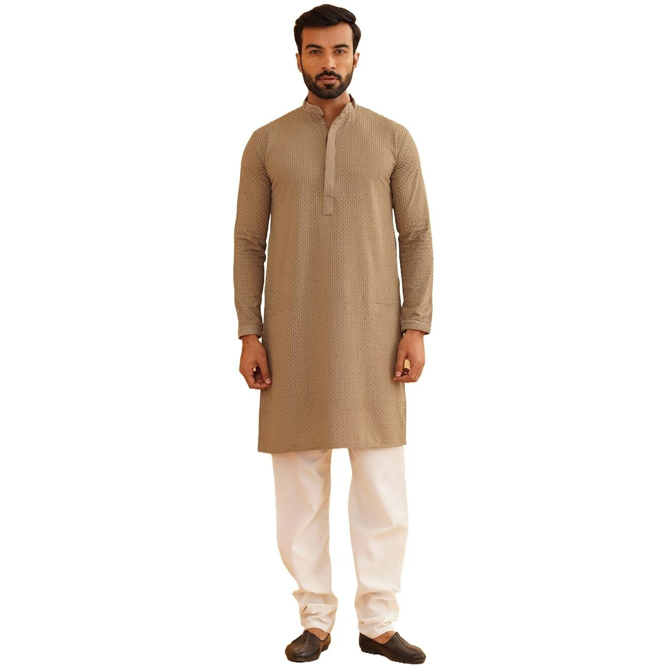 Sojanya (Since 1958 Men's Cotton Embroidered Thread Work Brown Kurta With White Churidar Pyjama