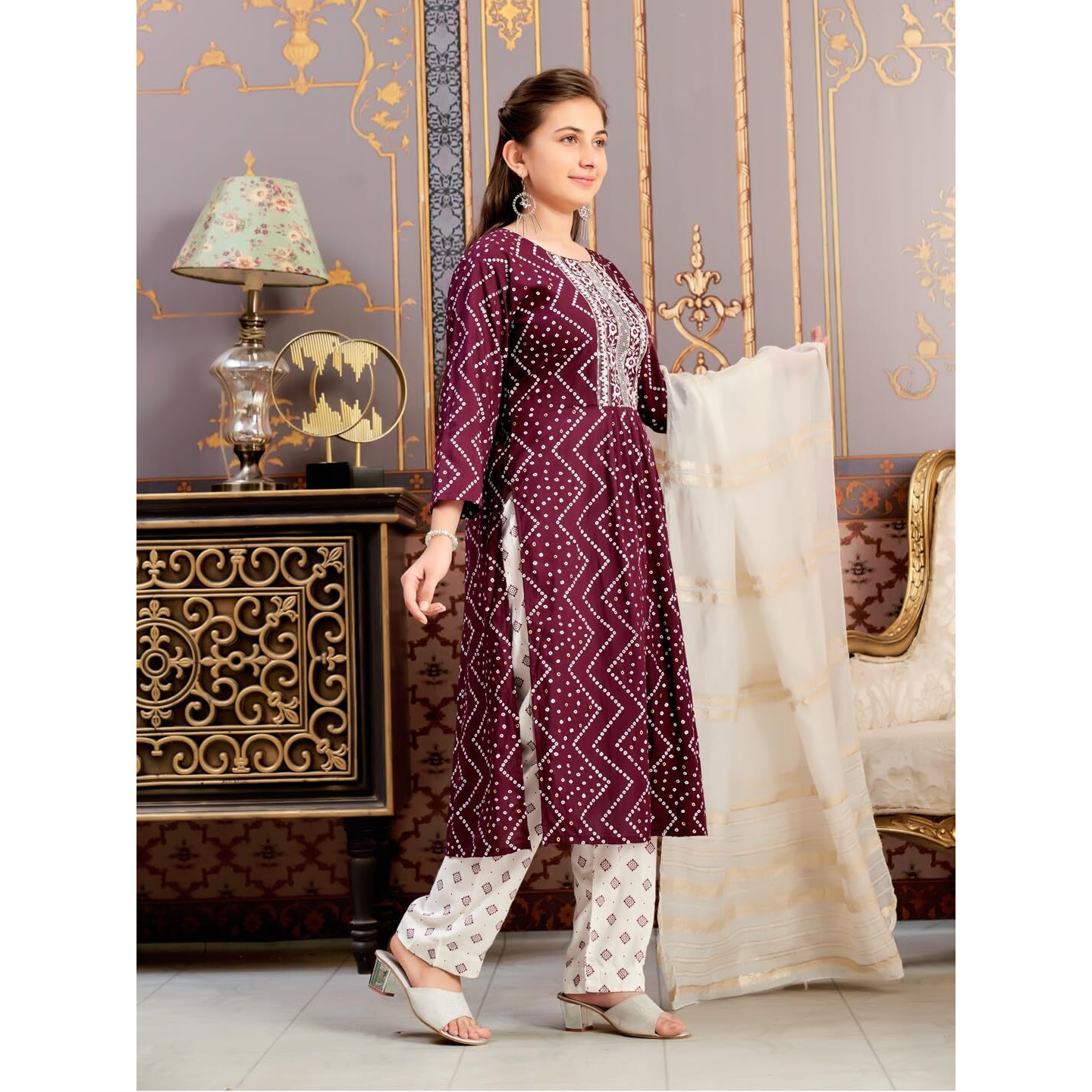 Aarika Girls Ethnic Wear Wine Colour Bandhani Print Embroidey Rayon Kurti-8-15 Years (Kurti-Tr-242)