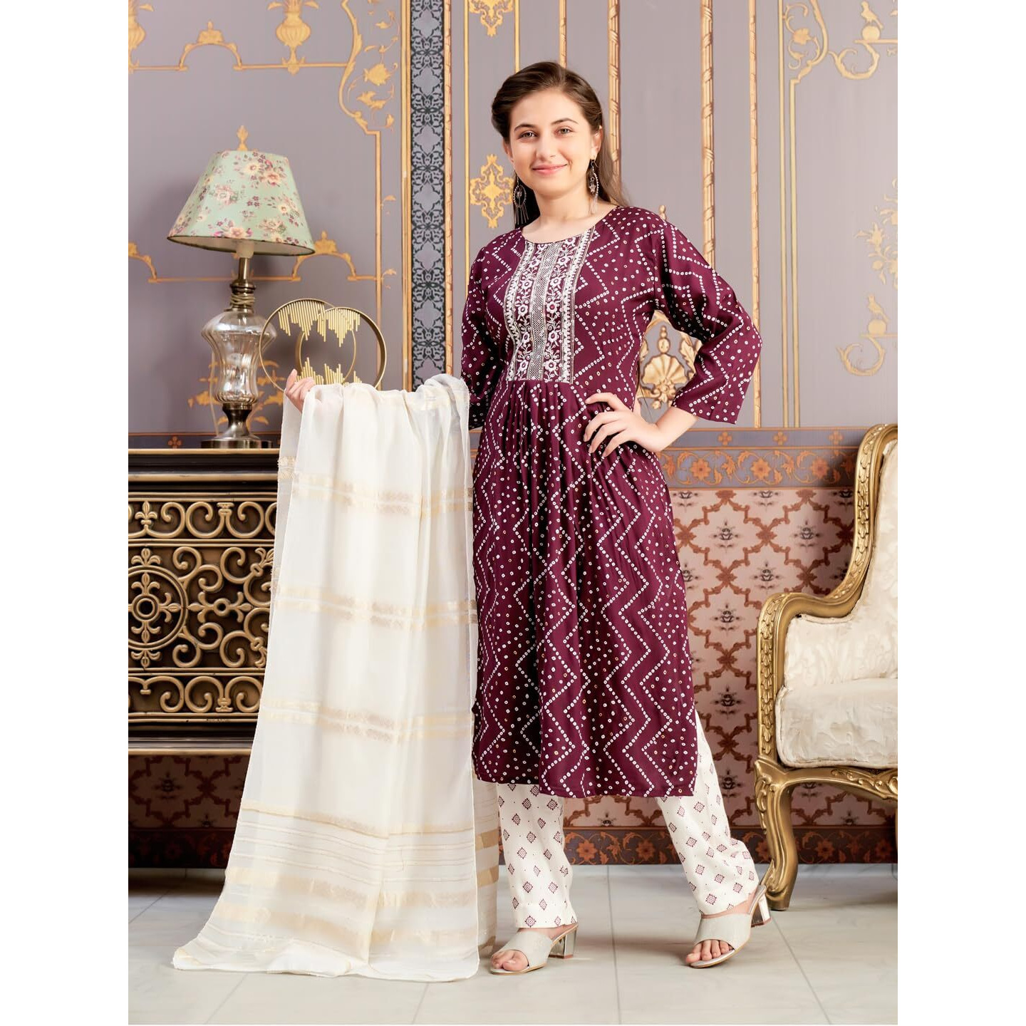 Aarika Girls Ethnic Wear Wine Colour Bandhani Print Embroidey Rayon Kurti-8-15 Years (Kurti-Tr-242)