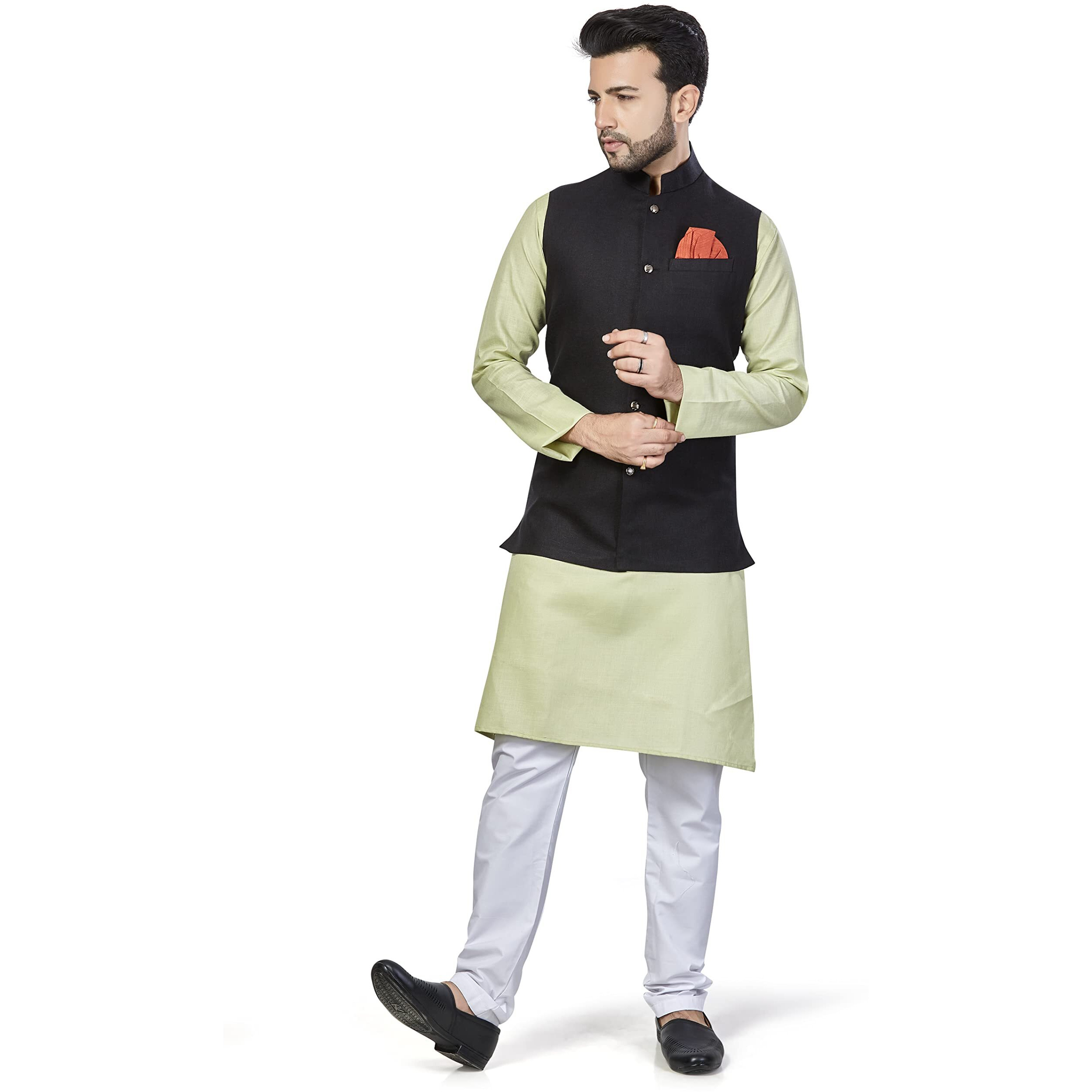 Be Active Men's Solid Linen Blend Kurta Pyjama 3 Piece Set || Men Kurta Pajama With Modi Jacket || Kurta Pajama Nehru Jacket For Men (Rfset0015-4-L)