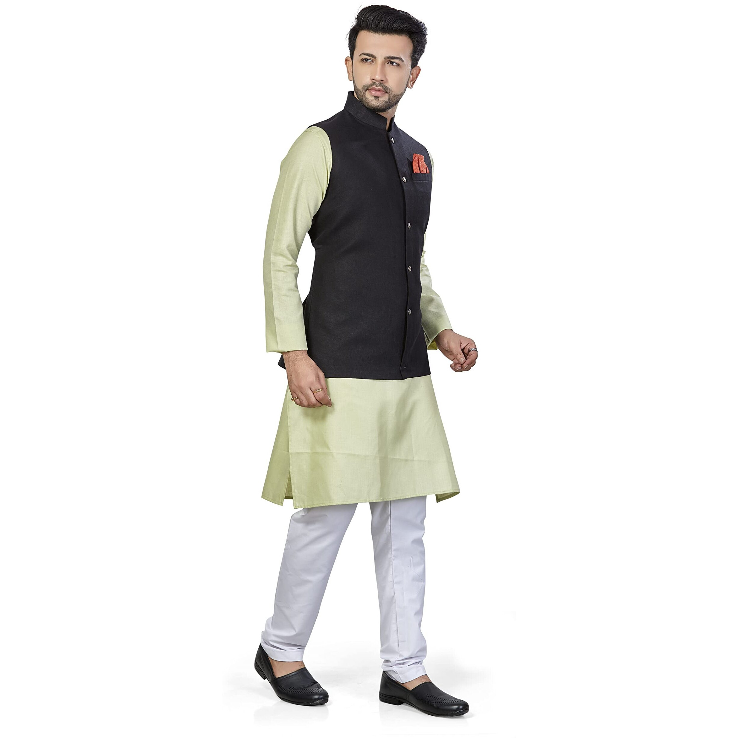 Be Active Men's Solid Linen Blend Kurta Pyjama 3 Piece Set || Men Kurta Pajama With Modi Jacket || Kurta Pajama Nehru Jacket For Men (Rfset0015-4-L)