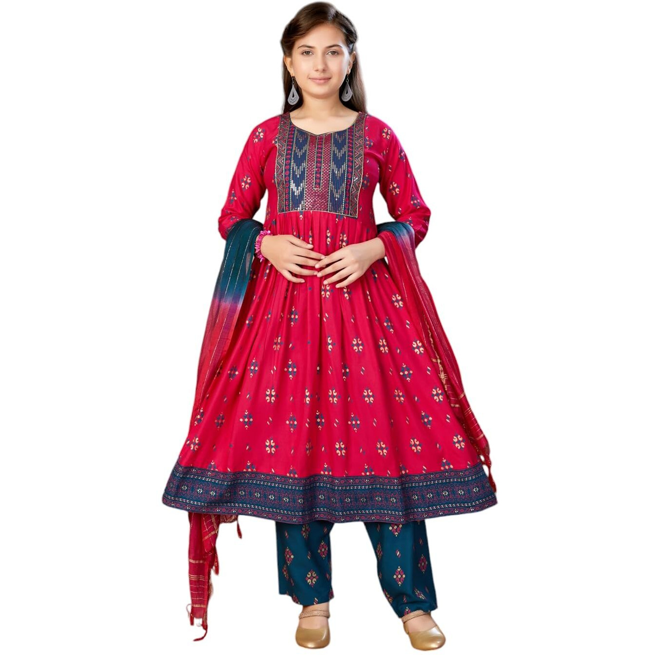 Aarika Girls Ethnic Wear Rani Colour Foil Print Sequin Rayon Kurti (9-16 Years)