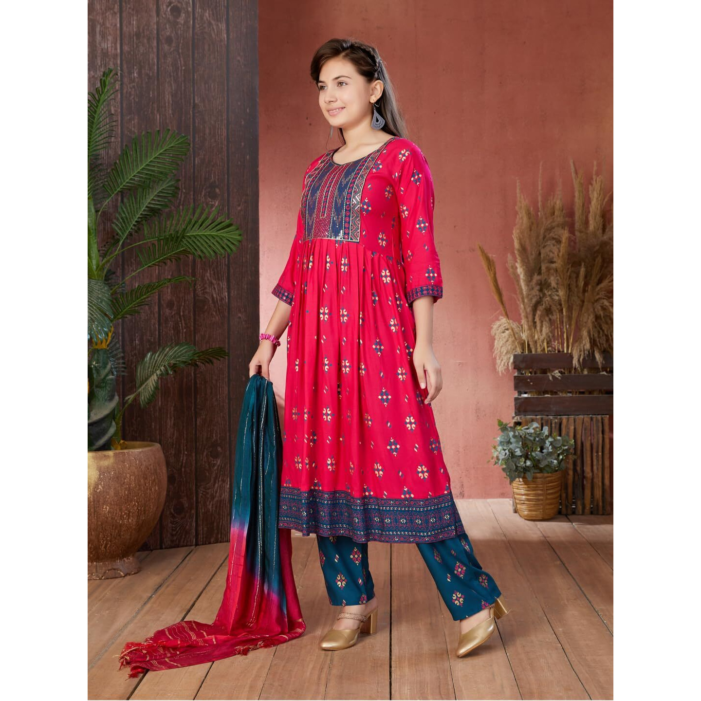 Aarika Girls Ethnic Wear Rani Colour Foil Print Sequin Rayon Kurti (9-16 Years)