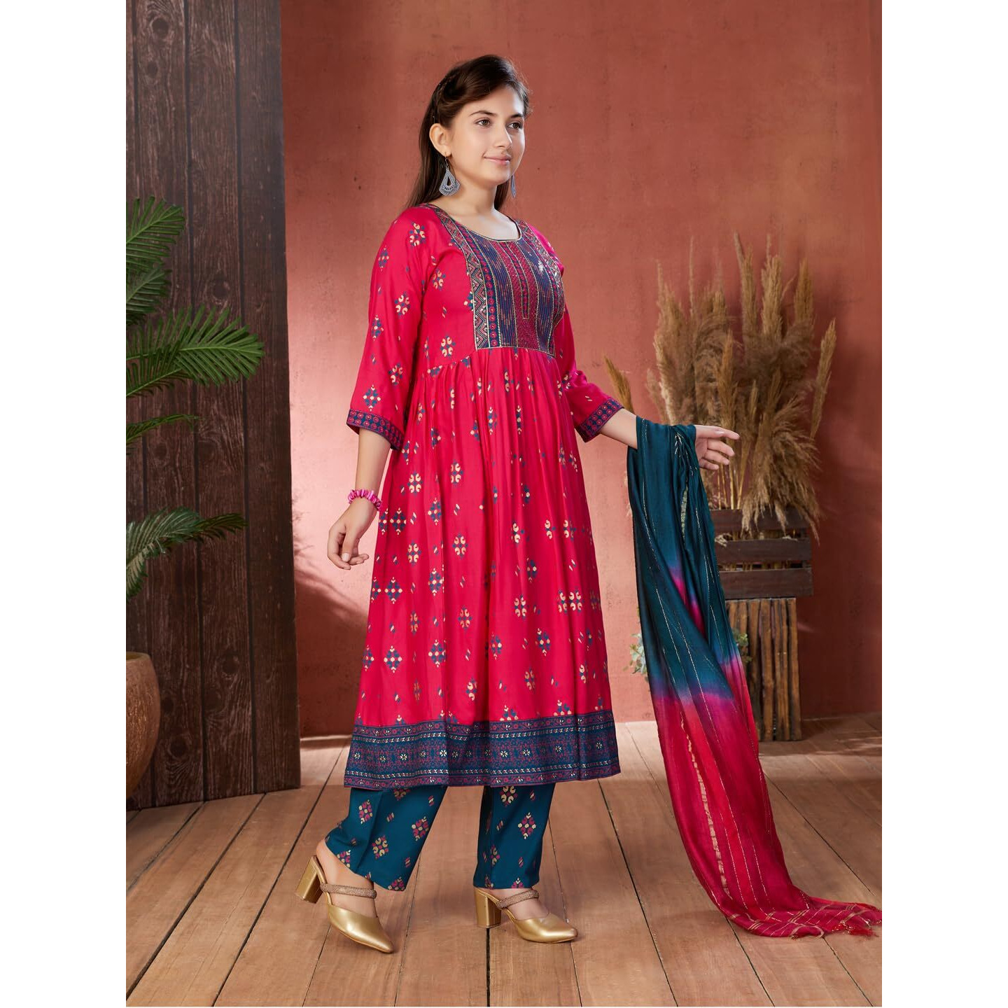 Aarika Girls Ethnic Wear Rani Colour Foil Print Sequin Rayon Kurti (9-16 Years)