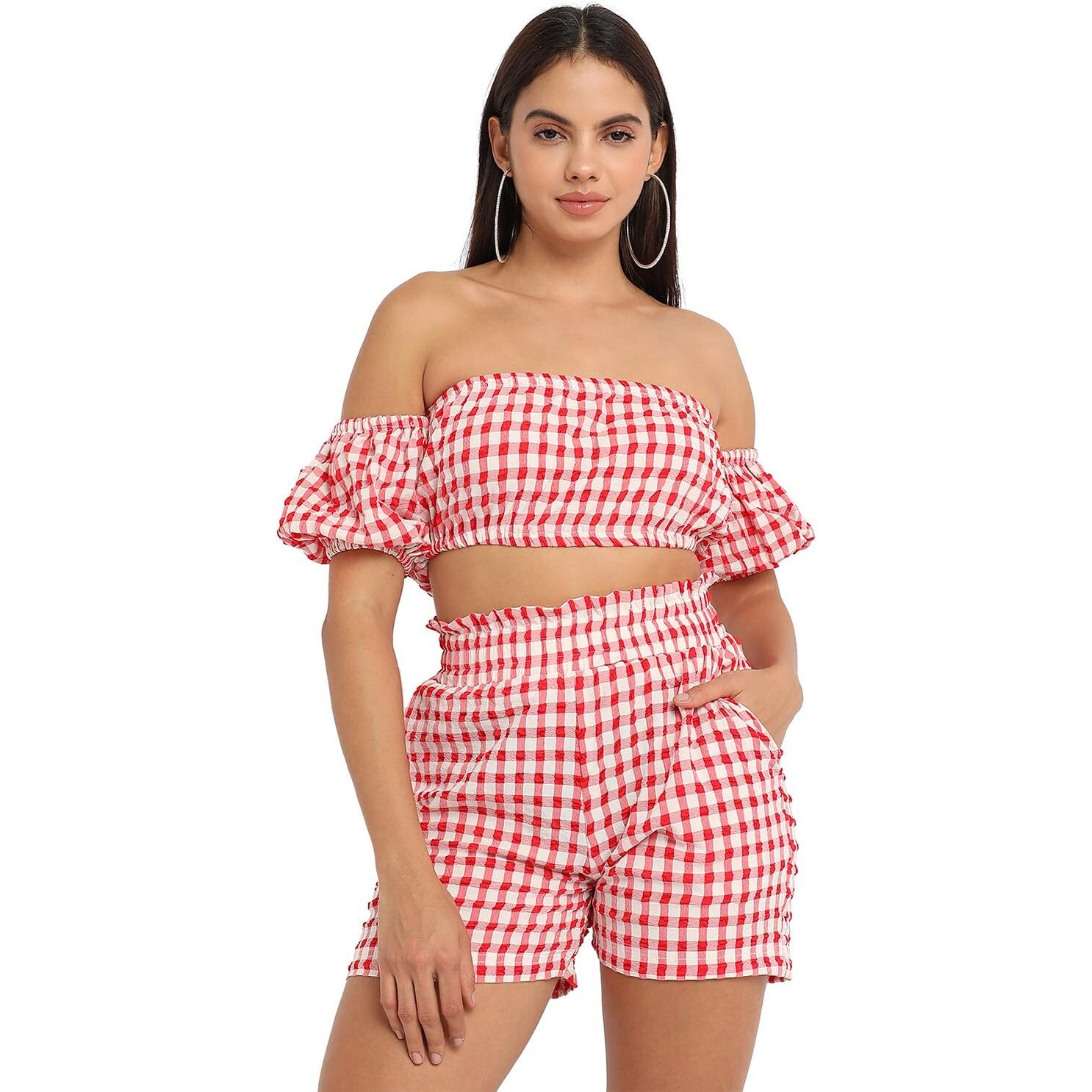 Campus Sutra Women's Red Gingham Co-Ord Set For Casual Wear | Short Sleeve | Polyester Fabric | Off-Shoulder Clothing Set Crafted With Comfort Fit For Everyday Wear (SizeS)