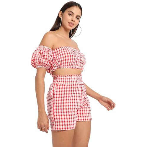 Campus Sutra Women's Red Gingham Co-Ord Set For Casual Wear | Short Sleeve | Polyester Fabric | Off-Shoulder Clothing Set Crafted With Comfort Fit For Everyday Wear (SizeS)