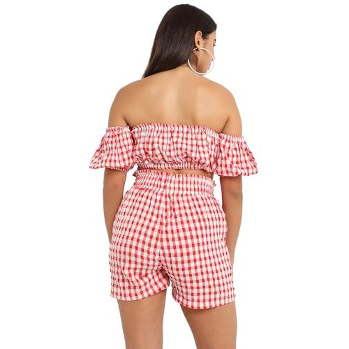 Campus Sutra Women's Red Gingham Co-Ord Set For Casual Wear | Short Sleeve | Polyester Fabric | Off-Shoulder Clothing Set Crafted With Comfort Fit For Everyday Wear (SizeS)