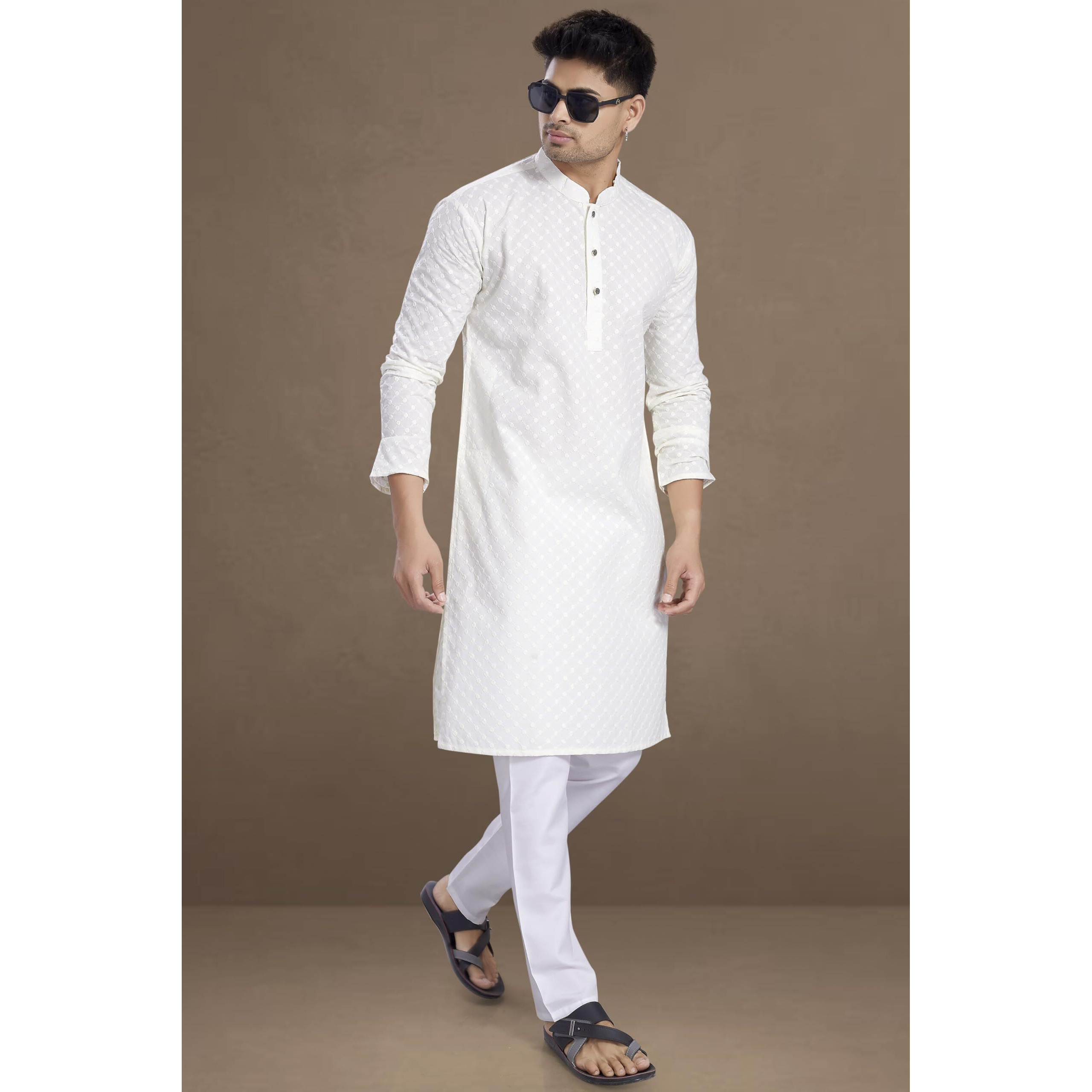 Divisive Men's Thread Embroidered Cotton Only Slim Fit Kurta (Dkrt1071_4Xl_Off White)