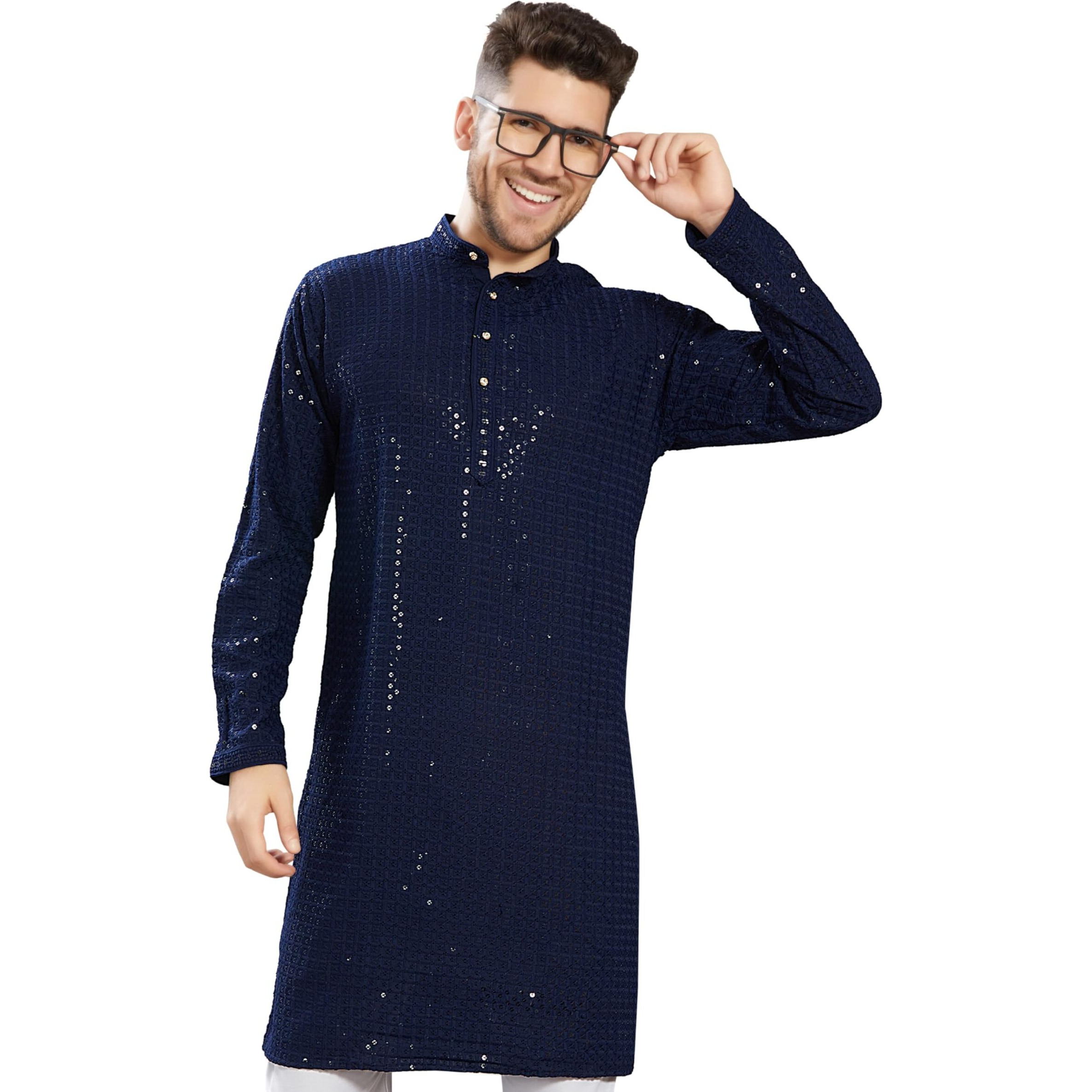 Divisive Men's Sequince Embroidered Cotton Blend Only Slim Fit Kurta (Dkrt743_L_Navy)