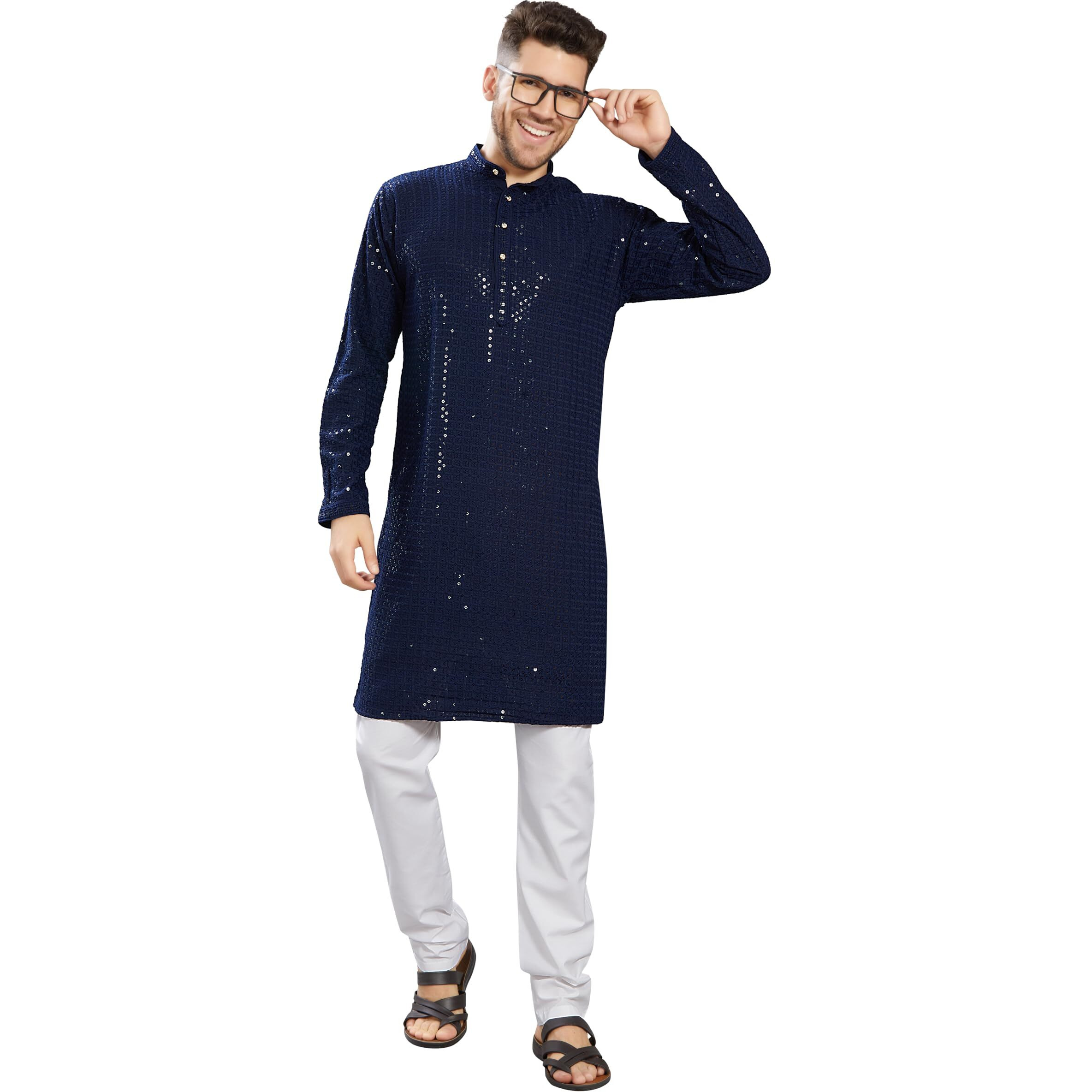 Divisive Men's Sequince Embroidered Cotton Blend Only Slim Fit Kurta (Dkrt743_L_Navy)