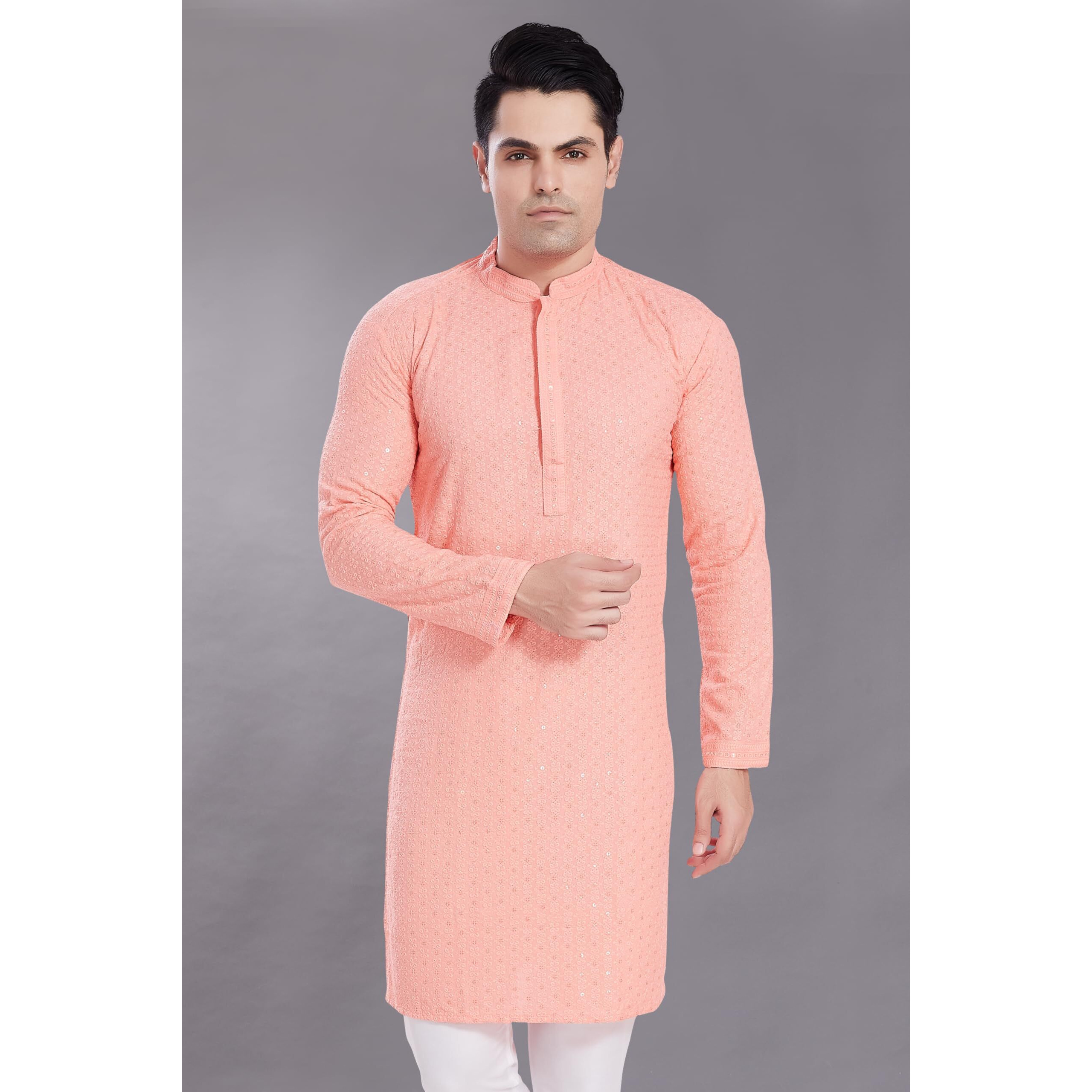 Divisive Men's Sequince Embroidered Cotton Blend Only Slim Fit Kurta (Dkrt513_S_Peach)