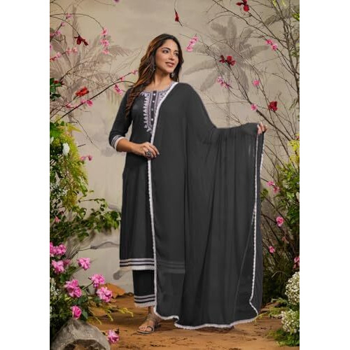 Fabnex Kurta Set For Women | Women Embroidered Kurta Set | Women Kurta Sets Kurtis | Women Kurta Pant Set (K-97-98) (Black, M)
