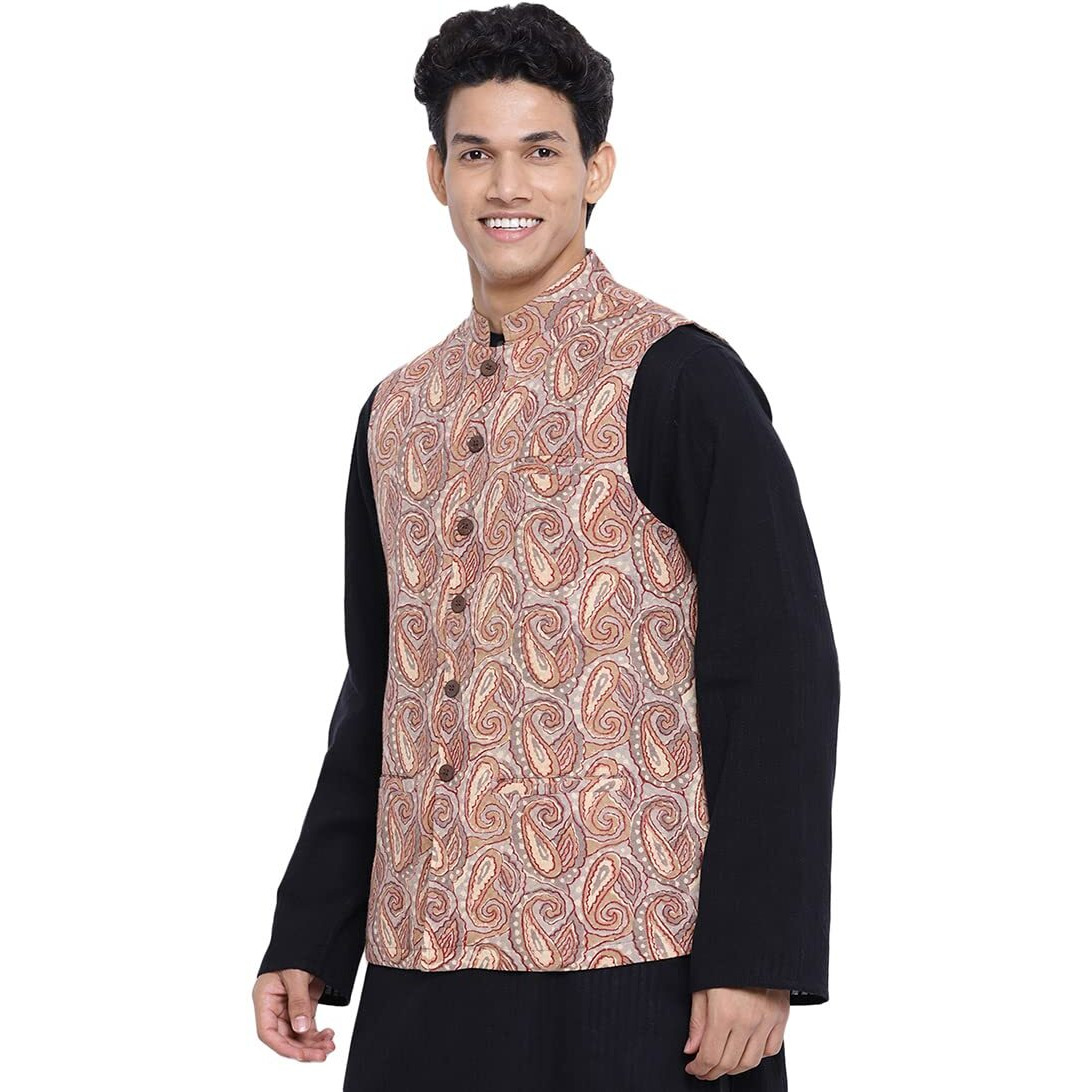Fabindia Men Cotton Printed Nehru Jacket Beige_L