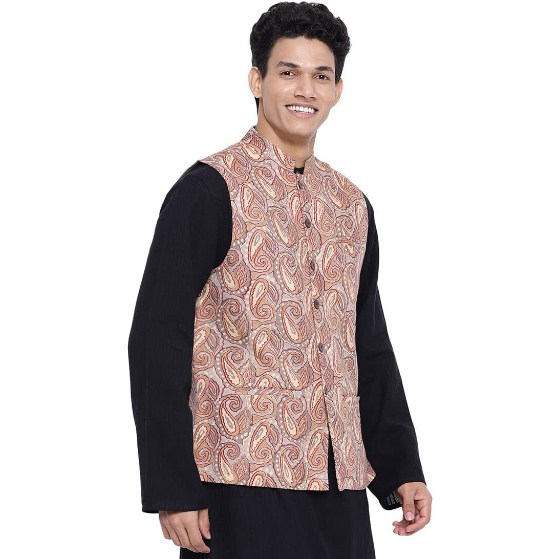 Fabindia Men Cotton Printed Nehru Jacket Beige_L