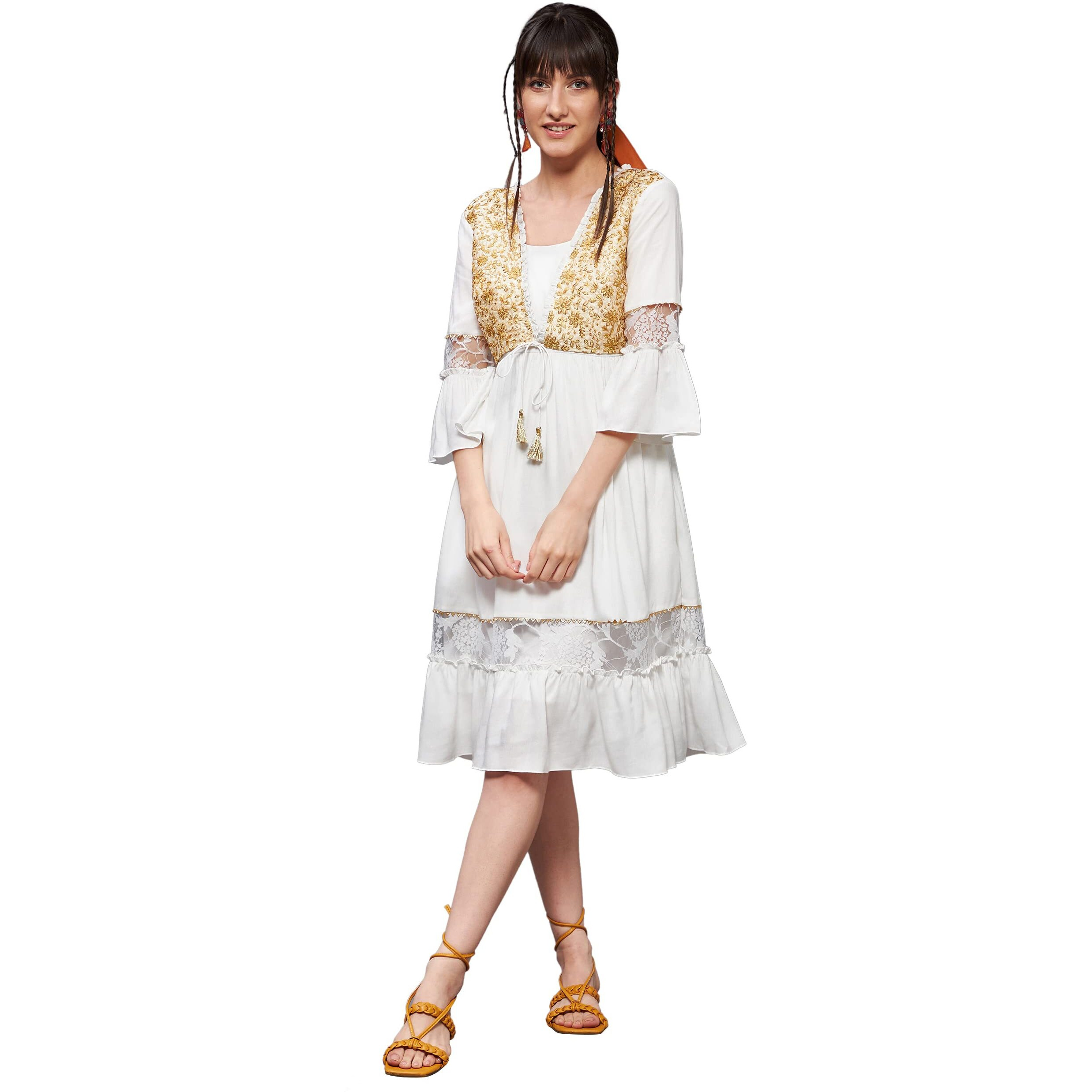 Miss Chase Women's Square Neck Ruffled Sleeve Viscose Rayon Embroidered Jacket Paneled Midi Dress (Mcss22D16-04-114-03, Off-White, S)