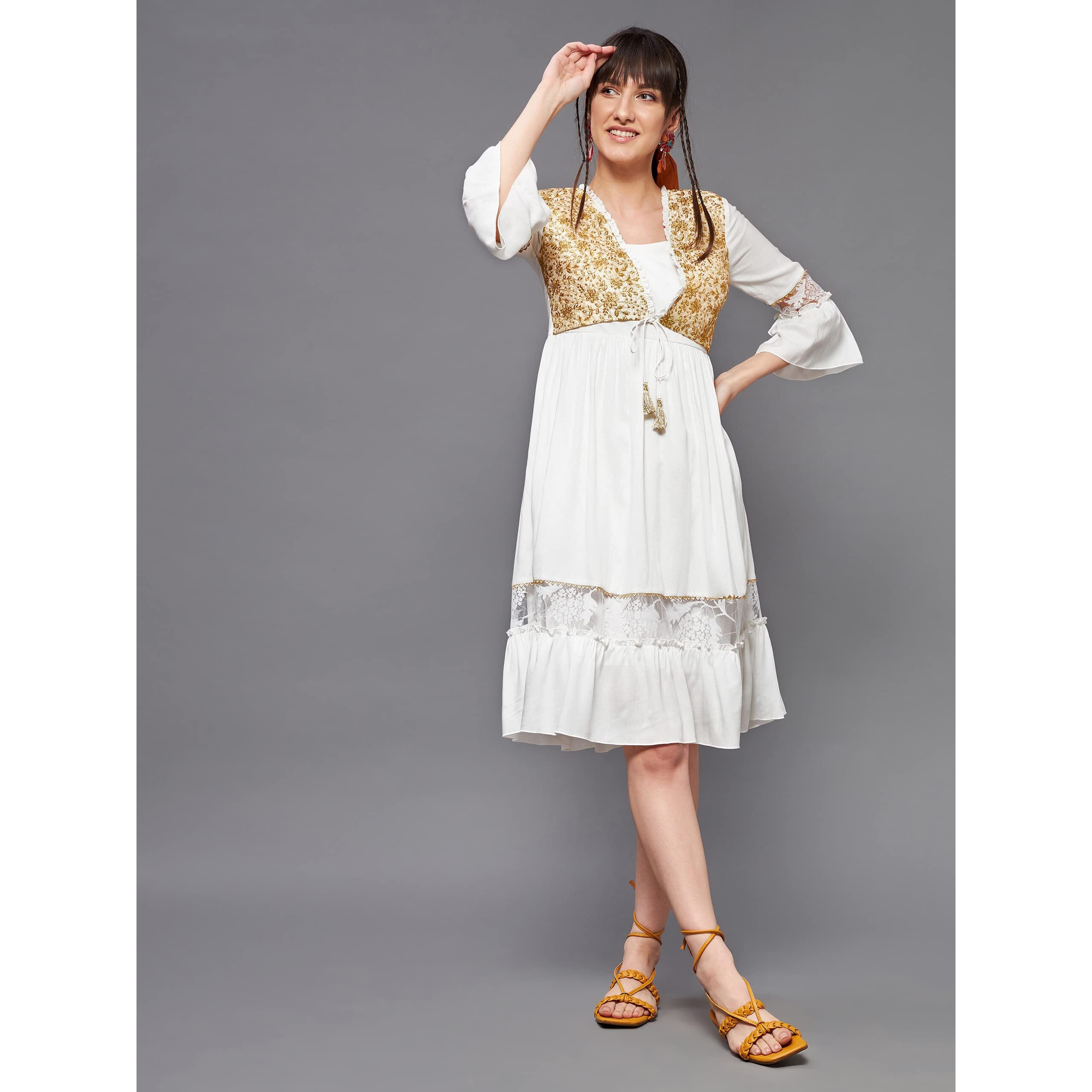 Miss Chase Women's Square Neck Ruffled Sleeve Viscose Rayon Embroidered Jacket Paneled Midi Dress (Mcss22D16-04-114-03, Off-White, S)