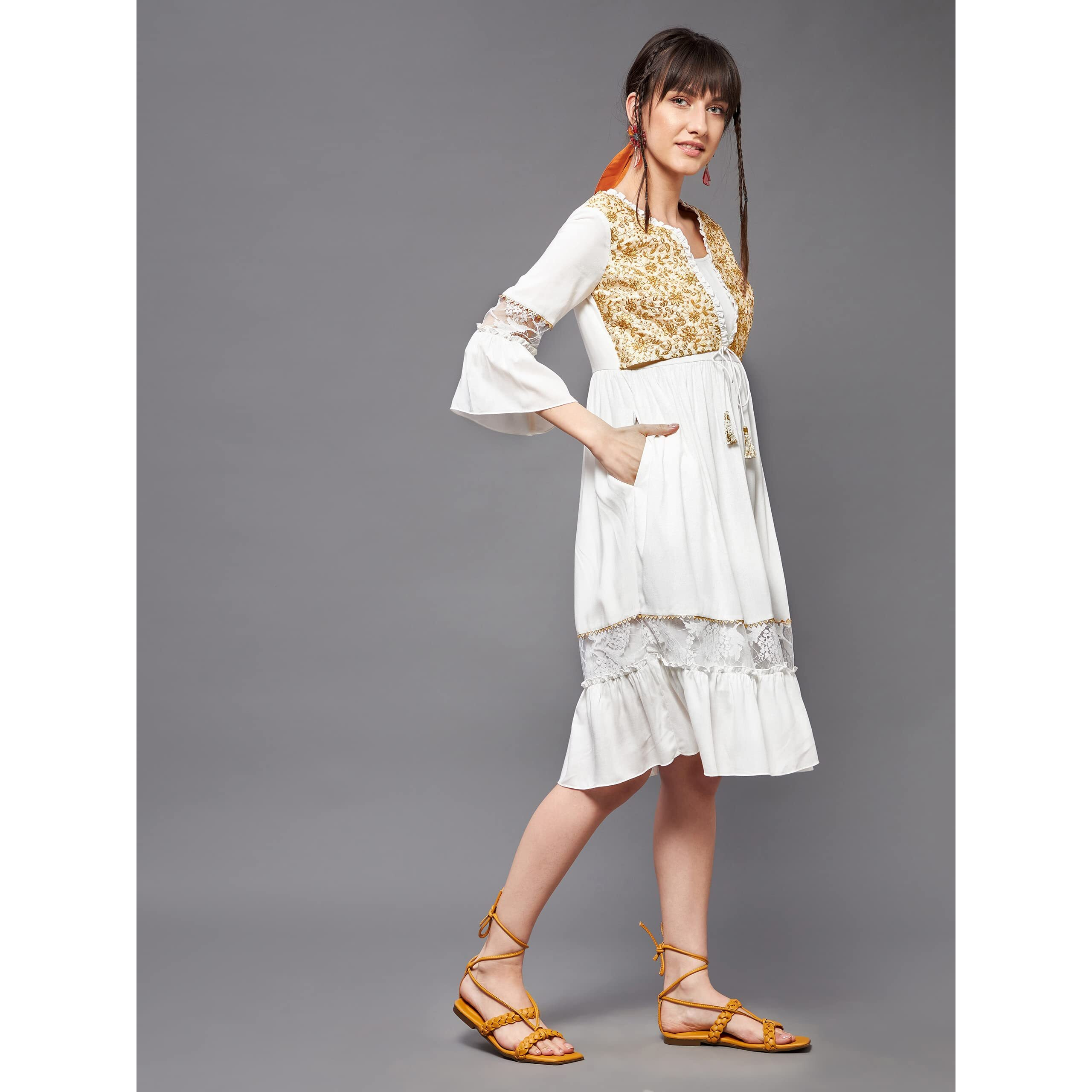 Miss Chase Women's Square Neck Ruffled Sleeve Viscose Rayon Embroidered Jacket Paneled Midi Dress (Mcss22D16-04-114-03, Off-White, S)