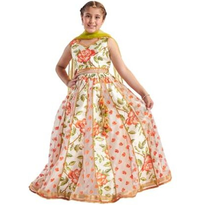 Pspeaches Girl's Silk Blend 1 Lehenga, 1 Choli, 1 Dupatta (L-Orangerubberprint-10- Orange_10-12Y)