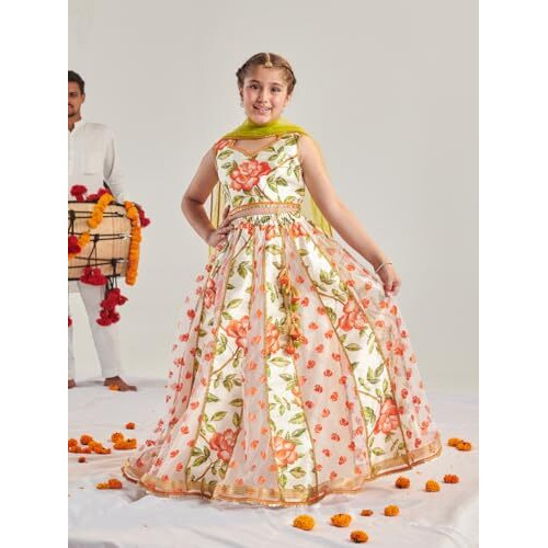 Pspeaches Girl's Silk Blend 1 Lehenga, 1 Choli, 1 Dupatta (L-Orangerubberprint-10- Orange_10-12Y)