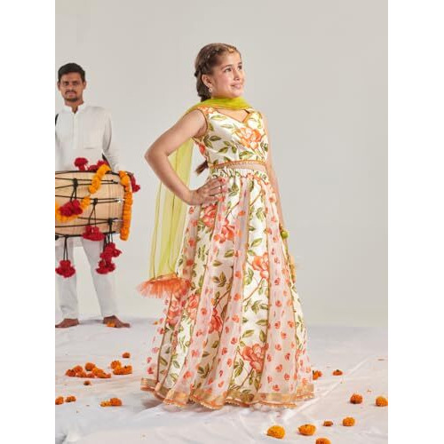 Pspeaches Girl's Silk Blend 1 Lehenga, 1 Choli, 1 Dupatta (L-Orangerubberprint-10- Orange_10-12Y)