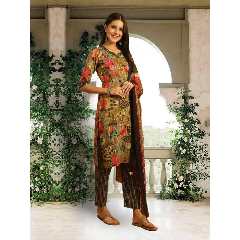 Pinkmint Kurta Set For Women Ll Cotton Flower Printed Straight Kurta & Pant With Fancy Duppata Ll Wedding Ll Formal Ll Party (Pack Of 1)