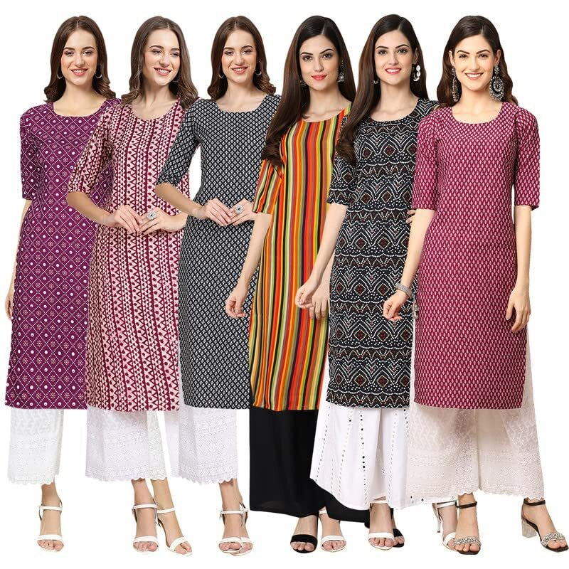 Pinkmint Women's Crepe Digital Print Straight Kurta [Pack Of 6] Multicolour