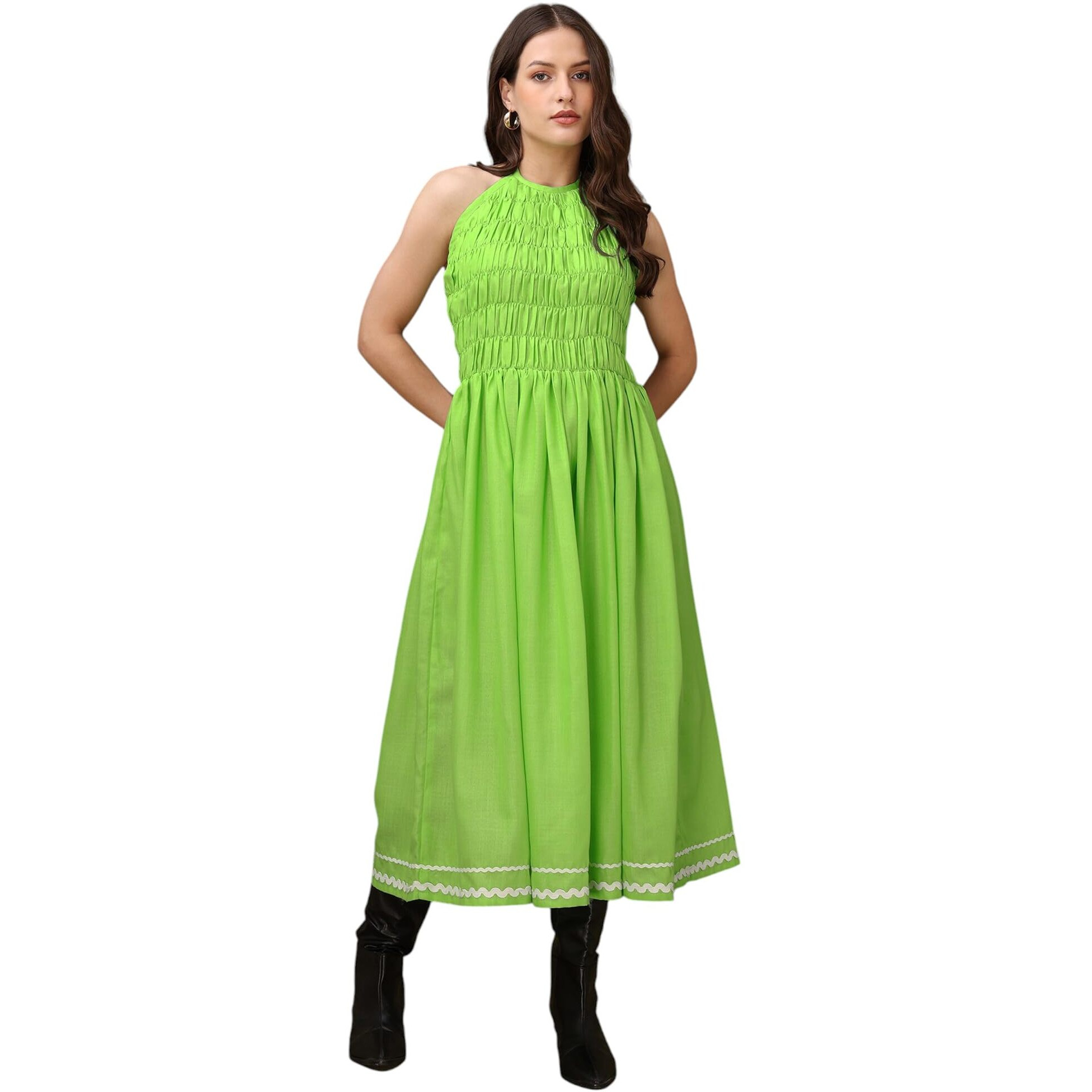 Purvaja Womens Halter Neck Fit & Flared Cotton Blend Dress (Floe-042-Xl_Green)