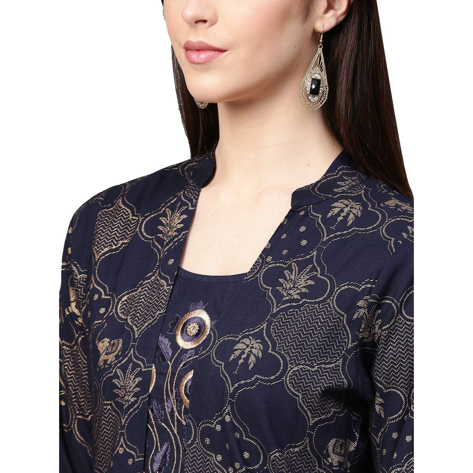 Ishin Women's Cotton Black Foil Printed A-Line Kurta Set With Palazzo & Jacket