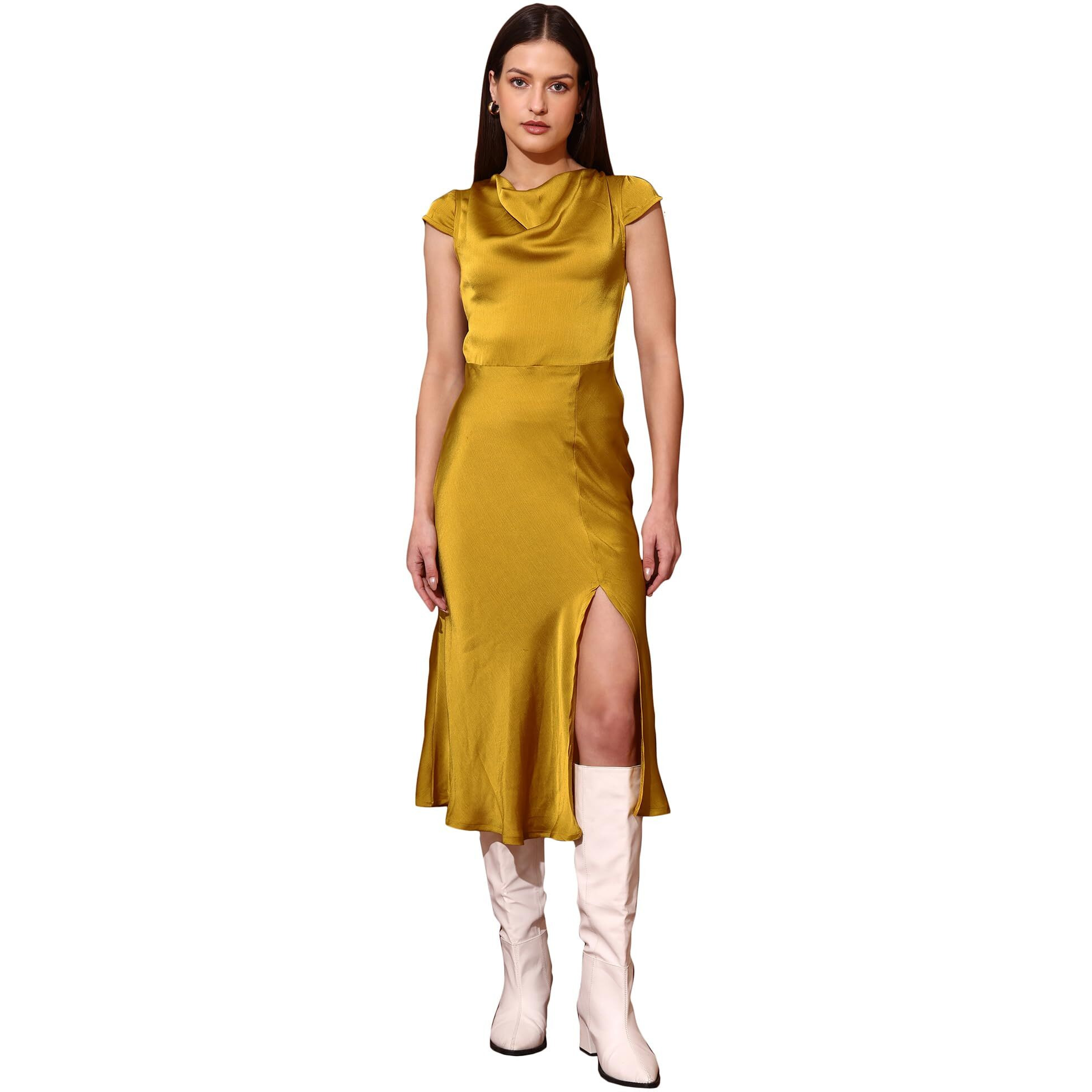 Purvaja Womens Cowl Neck Silk Blend Dress (Floe-120-S_Yellow)