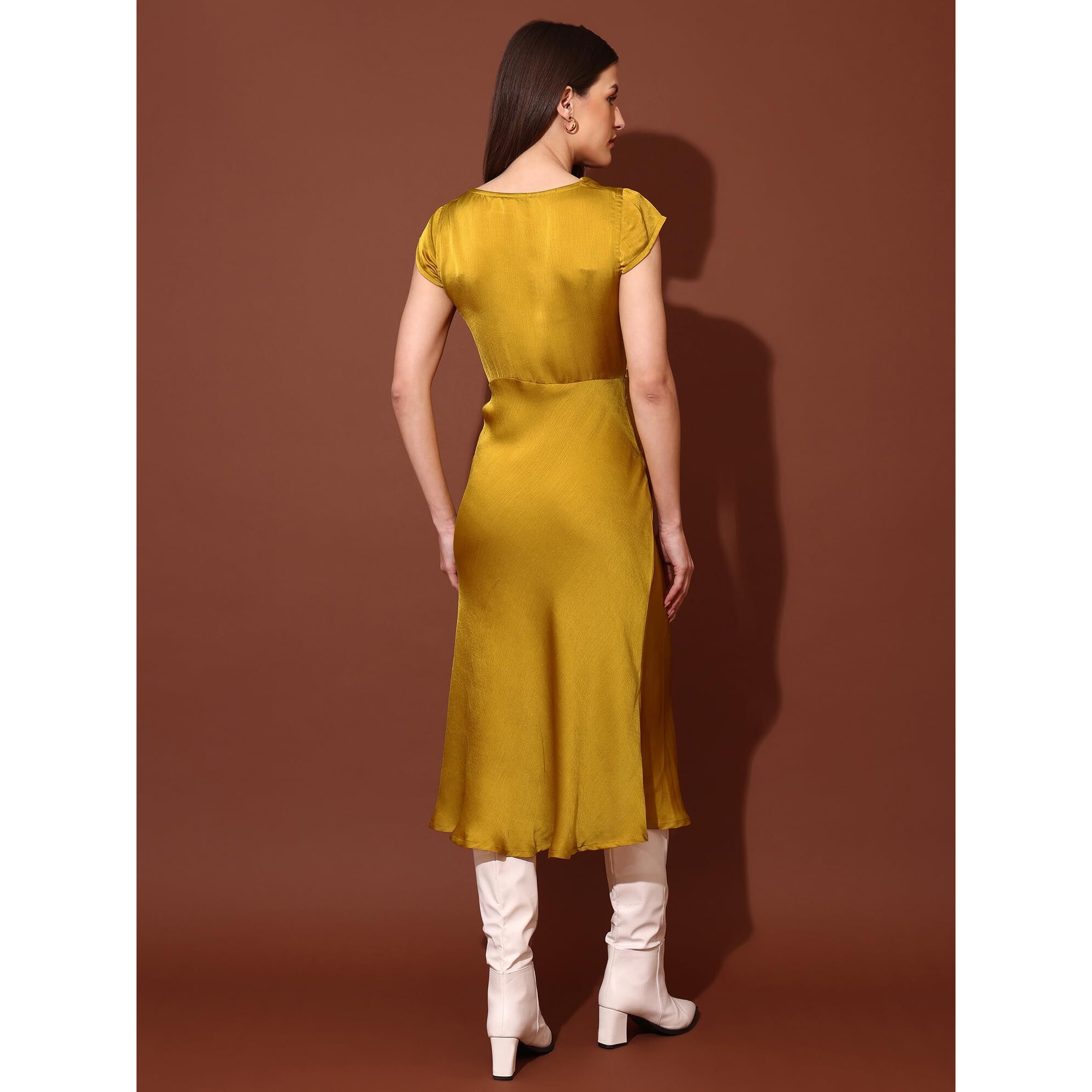 Purvaja Womens Cowl Neck Silk Blend Dress (Floe-120-S_Yellow)