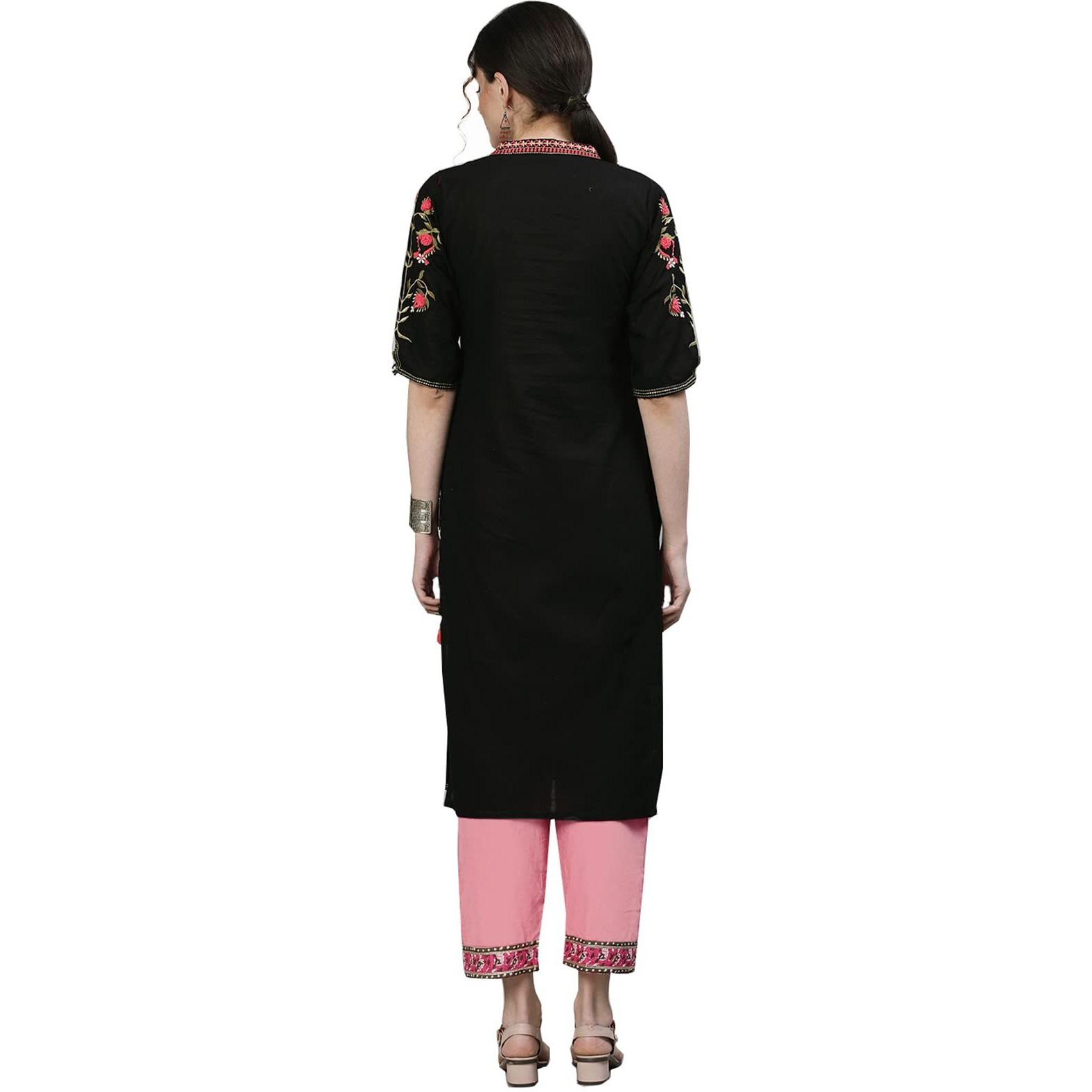 Ishin Women's Cotton Black Embroidered Straight Kurta